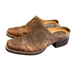 Ariat Vintage Brown Leather Western Mules Clogs Square Toe Distressed Size 6.5